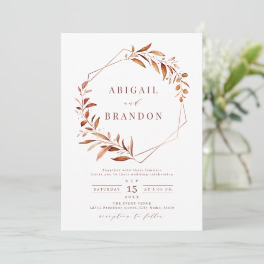 Moderne Fall Greenery Geometric Rustic Wedding Inv Einladung (Stehend Vorderseite)
