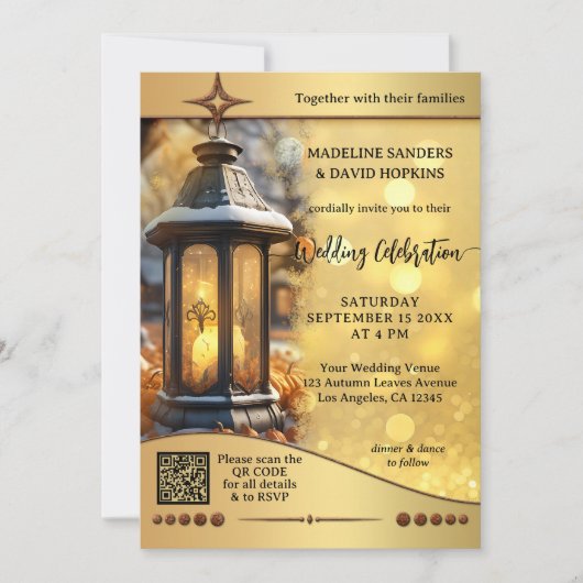 Moderne Fall Lantern Gold Glitzern Hochzeit Einladung (Vorderseite)