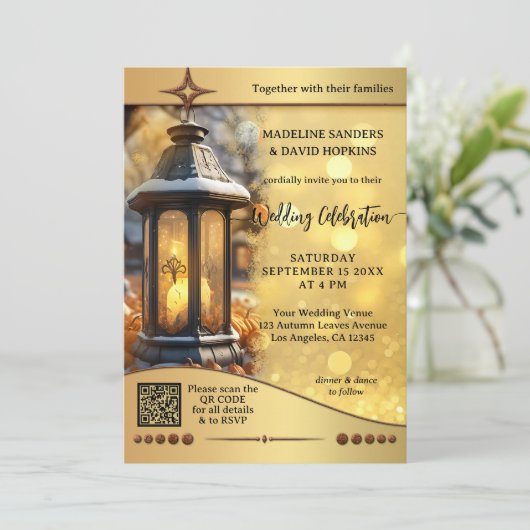 Moderne Fall Lantern Gold Glitzern Hochzeit Einladung (Stehend Vorderseite)
