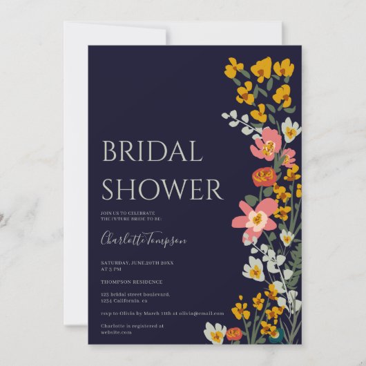 Moderne Fall Retro-Blume marineblau Brautparty Einladung