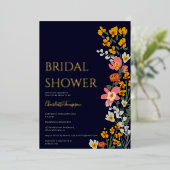 Moderne Fall Retro-Blume marineblau Brautparty Folieneinladung (Stehend vorne)