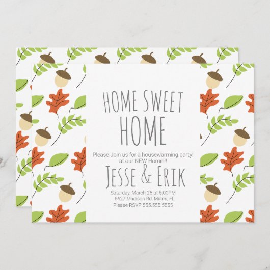 Moderne Fallbäume und Acorn Housewarming Party Einladung (Vorne/Hinten)