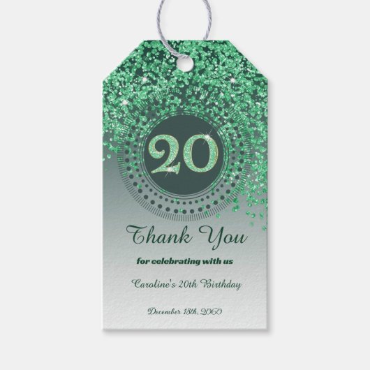 Moderne, fallende, grüne Glitter 20. Geburtstag Geschenkanhänger (Vorderseite)