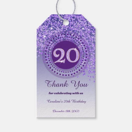 Moderne fallende lila Glitter 20. Geburtstag Geschenkanhänger (Vorderseite)