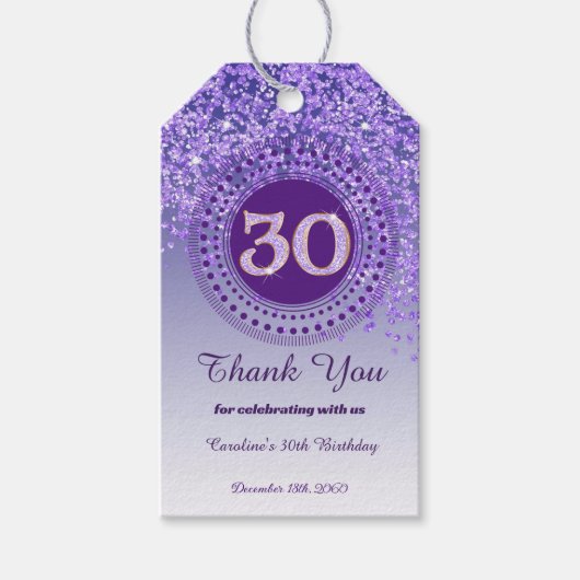 Moderne fallende lila Glitter 30. Geburtstag Geschenkanhänger (Vorderseite)