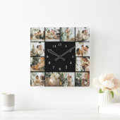 Moderne Familie 12 Foto Collage Black Keepake Quadratische Wanduhr (Zuhause)