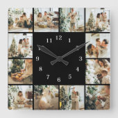 Moderne Familie 12 Foto Collage Black Keepake Quadratische Wanduhr (Vorderseite)