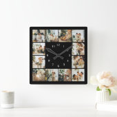 Moderne Familie 12 Foto Collage Black Keepake Squa Quadratische Wanduhr (Zuhause)
