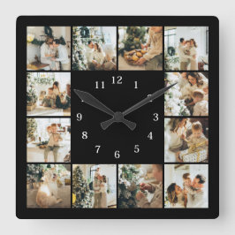 Moderne Familie 12 Foto Collage Black Keepake Squa Quadratische Wanduhr