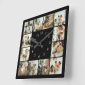 Moderne Familie 12 Foto Collage Black Keepake Squa Quadratische Wanduhr (Winkel)