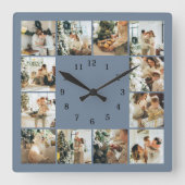 Moderne Familie 12 Foto Collage Dusty Blue Keepake Quadratische Wanduhr (Vorderseite)