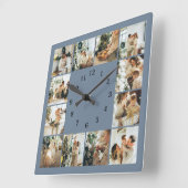 Moderne Familie 12 Foto Collage Dusty Blue Keepake Quadratische Wanduhr (Winkel)