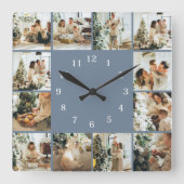 Moderne Familie 12 Foto Collage Dusty Blue Keepake Quadratische Wanduhr (Vorderseite)