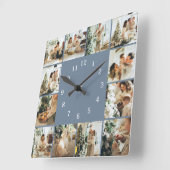 Moderne Familie 12 Foto Collage Dusty Blue Keepake Quadratische Wanduhr (Winkel)