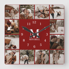 Moderne Familie 12 Foto Collage | Monogramm Keepak Quadratische Wanduhr