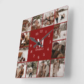 Moderne Familie 12 Foto Collage | Monogramm Keepak Quadratische Wanduhr (Winkel)
