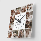 Moderne Familie 12 Foto Collage | Monogramm Keepak Quadratische Wanduhr (Winkel)
