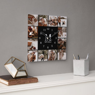 Moderne Familie 12 Foto Collage Monogramm Keepak Quadratische Wanduhr