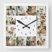 Moderne Familie 12 Foto Collage White Keepake Quadratische Wanduhr (Vorderseite)