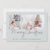 Moderne Familie 2 Fotos Script Blue Frohe Weihnach (Vorderseite)