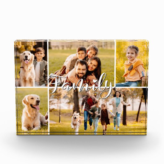 Moderne Familie 5 Foto Collage Script Herz (Vorderseite)