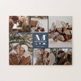 Moderne Familie 6 Foto Collage Navy Blue Keepake Puzzle