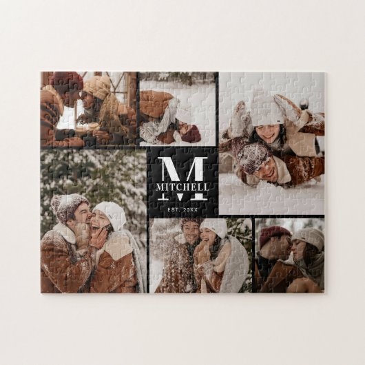 Moderne Familie 6 Fotocollage Schwarzer Keepake Puzzle (Horizontal)