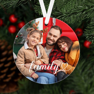 Moderne Familien-Script-Foto-Andenken in weißem Te Ornament