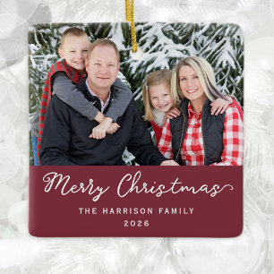 Moderne Familienfoto Burgund Frohe Weihnachten Keramikornament