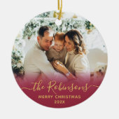 Moderne Familienname Script Foto Frohe Weihnachten Keramik Ornament (Vorne)