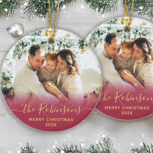 Moderne Familienname Script Foto Frohe Weihnachten Keramik Ornament