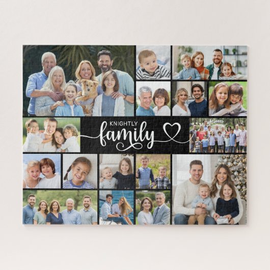 Moderne FAMILY 16 Foto Collage Script Herz Puzzle (Horizontal)