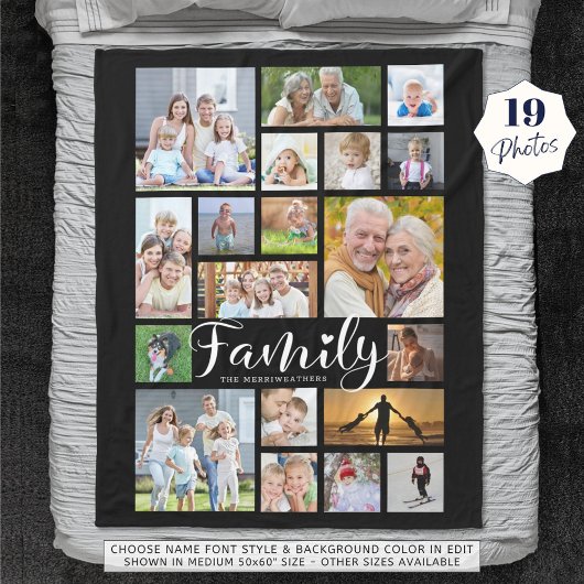 Moderne FAMILY 19 Foto Collage Script Herz Schwarz Fleecedecke
