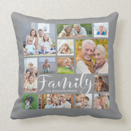Moderne FAMILY Foto Collage Script Herz grau Kissen