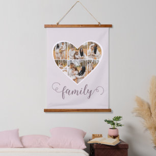 Moderne FAMILY Herzfoto Collage Liebe Script Wandteppich Mit Holzrahmen