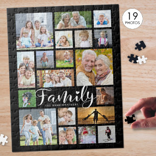 Moderne FAMILY Scripte Fotocollage Name Schwarz Puzzle