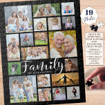 Moderne FAMILY Scripte Fotocollage Name Schwarz Puzzle<br><div class="desc">Erschaffen Sie sich einfach eine lustige Familienaktivität oder eine Freizeitbeschäftigung voller Erinnerungen mit diesem modernen Foto Collage Puzzle mit einer Vielzahl von Größen und Formen für 19 Fotos und der Titel FAMILY in einem schicken handgeschriebenen Drehbuch-Schriftart, gepunktet mit einem Herzen und personalisiert mit dem Familiennamen. FOTO TIPP: Wählen Sie für...</div>