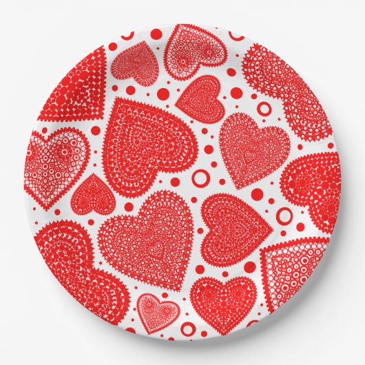 Moderne Fancy rote Grafik-Herzen-Muster Pappteller (Vorderseite)