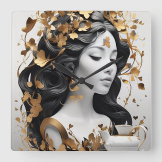 Moderne Fantasy-Kunst in Schwarz und Gold Quadratische Wanduhr