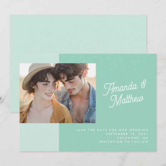 Moderne Farbblock-Mintgrün-Foto-Hochzeit Save The Date (Vorne/Hinten)