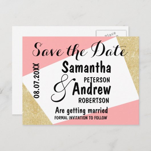 Moderne Farbblöcke in Goldpinke Save the Date Ankündigungspostkarte (Vorne/Hinten)