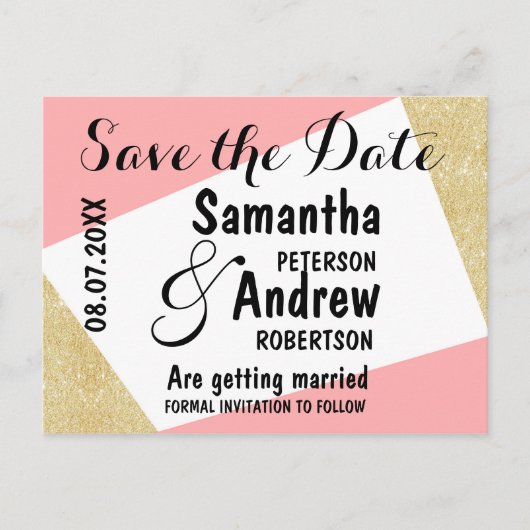 Moderne Farbblöcke in Goldpinke Save the Date Ankündigungspostkarte (Vorderseite)