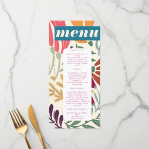 Moderne farbenfrohe abstrakte Floral-Hochzeit mit Menükarte