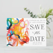Moderne, farbenfrohe abstrakte Kunst Save the Date (Stehend Vorderseite)