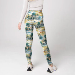 Moderne farbenfrohe blaugelbe tropische Insel Hawa Leggings