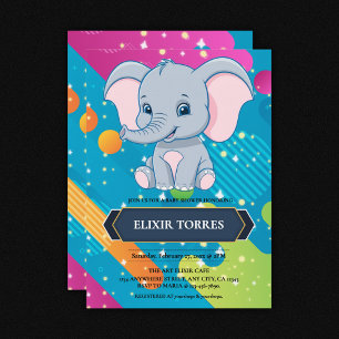 Moderne farbenfrohe Blue Elephant Baby Dusche Einladung