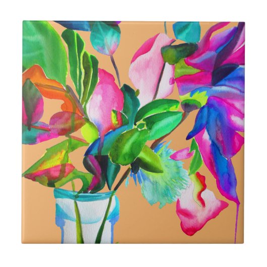 Moderne, farbenfrohe Blume mit Blumen Fliese (Vorderseite)