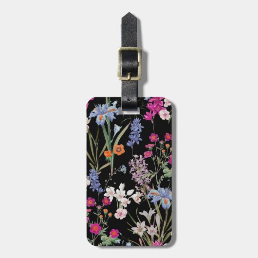 Moderne farbenfrohe Blumenmuster Schwarzer Benutze Gepäckanhänger (Vorderseite vertikal)