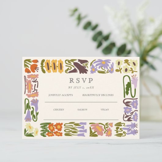 Moderne farbenfrohe Boho-Chic-Hochzeit RSVP Karte (Stehend Vorderseite)