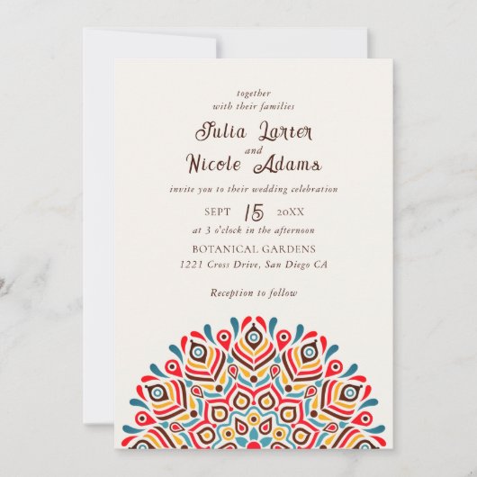 Moderne farbenfrohe Boho Ethnic Floral Mandala Wed Einladung (Vorderseite)